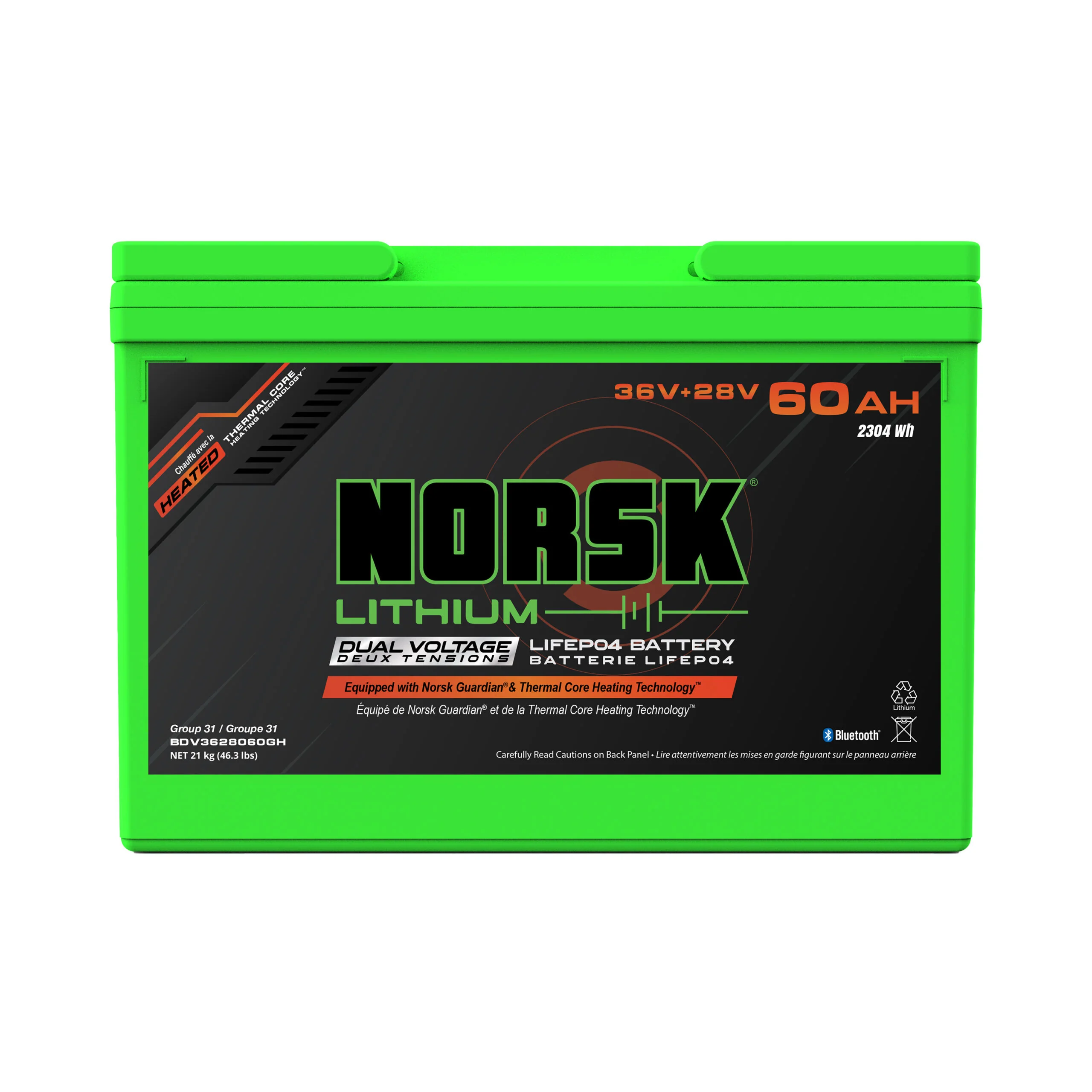 Norsk (LiFePO4) 60Ah 36V+28v (Dual Voltage) Lithium Marine Deep Cycle Battery (Heated)